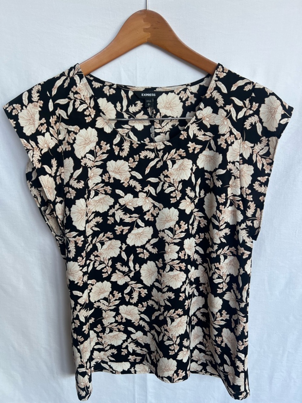 Express Flutter Cap Sleeve Black Top with Cream Floral Print
